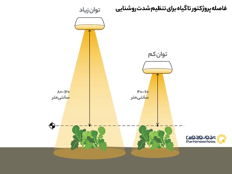 فاصله پروژکتور تا گیاه برای تنظیم شدت روشنایی